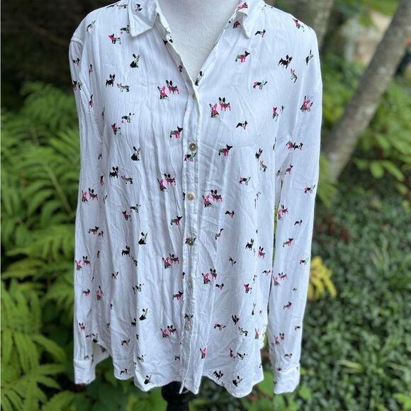Jane and Delancey White Button Down Shirt with French Bulldog Print - Picture 1 of 6